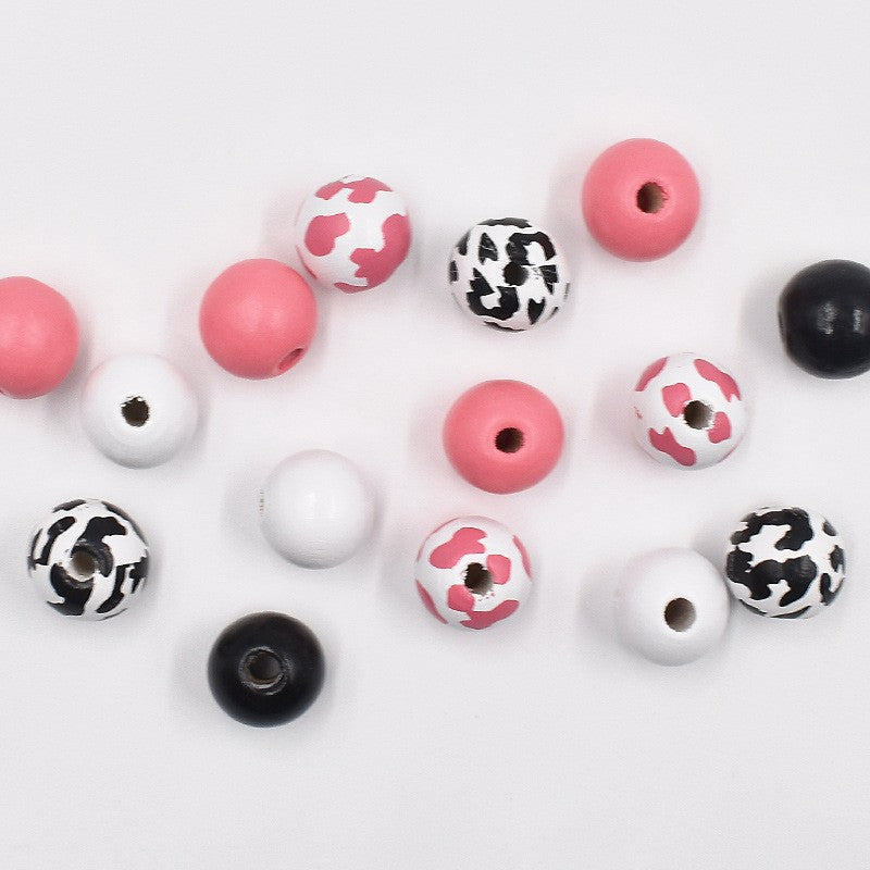 Wholesale 200PCS New 16MM Cow Print DIY Colored Wooden Round Beads